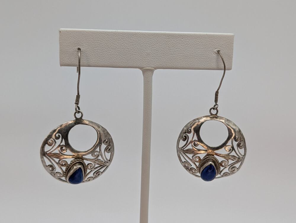 Vintage 925 Sterling Silver Handmade Earrings Scrollwork With Lapis Stone...